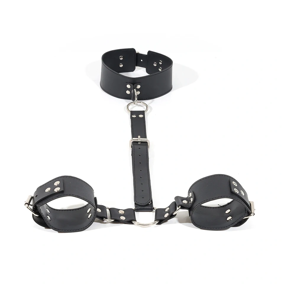 Bondage Gear Black Collar with Handcuffs PU Leather Sex Harness and Toys for Couples for Women and Men