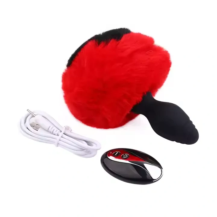 Women's Short Tail Silicone Anal Plug with Heart-Shaped Rabbit Electric Remote Control