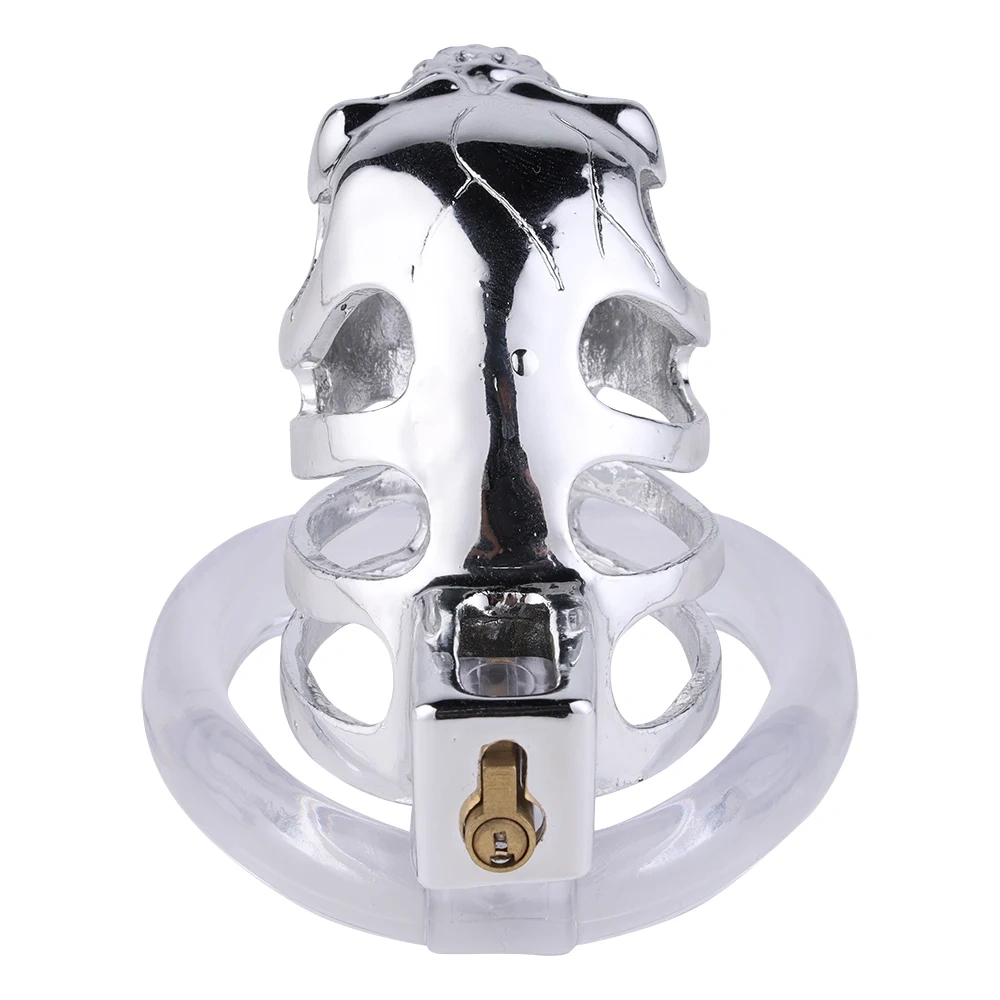 Long Hollow Zinc Alloy Chastity Cage Skull Flat Round Bottom Penis Lock Sex Toys for Men Flat Bottom Bondage Gear