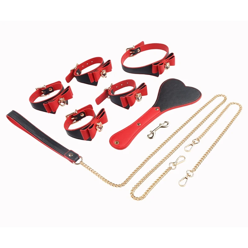 Double Color Bowknot PU Leather 5pcs Bondage Gear Kits Sex Toys for Women Includes Nipple Clamps and Handcuffs
