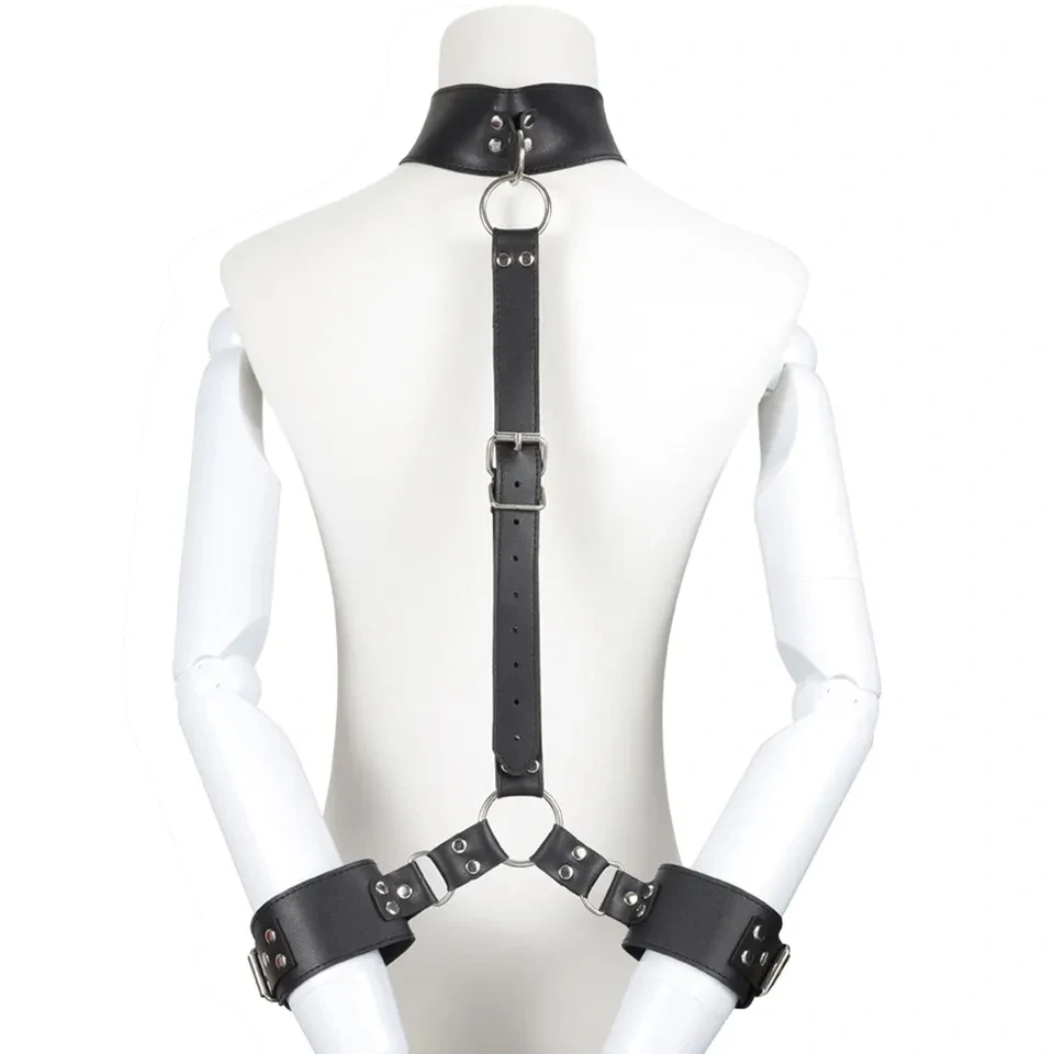 Bondage Gear Black Collar with Handcuffs PU Leather Sex Harness and Toys for Couples for Women and Men