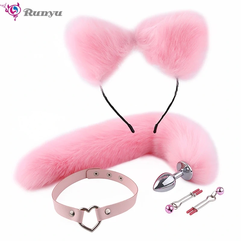 Cosplay Anal Sex Toys Set for Women Cat Ear Fox Tail Anal Plug Collar Nipple Clamps Butt Plug Erotic Juguetes Sexuales