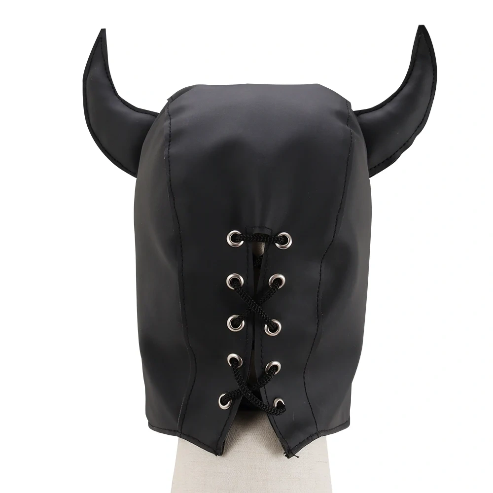 Black Devil Hood Bondage Gear Kit Leather Face Cover for Daredevil Cosplay Sex Toys for Adults BDSM