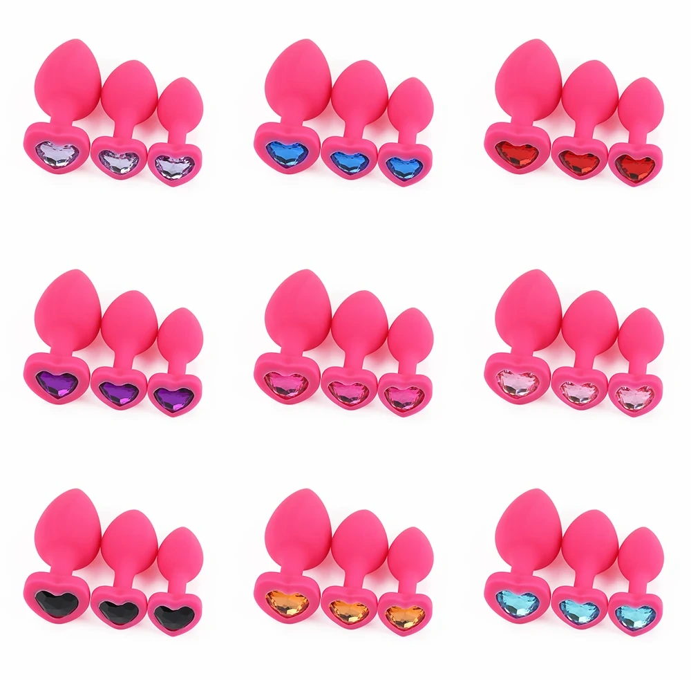 Set 3 Women's Silicone Anal Plug Sex Toys Black Red Pink Jewel Crystal Heart Butt Plug Anal Plug 3 Piece Set Juguetes Sexuales