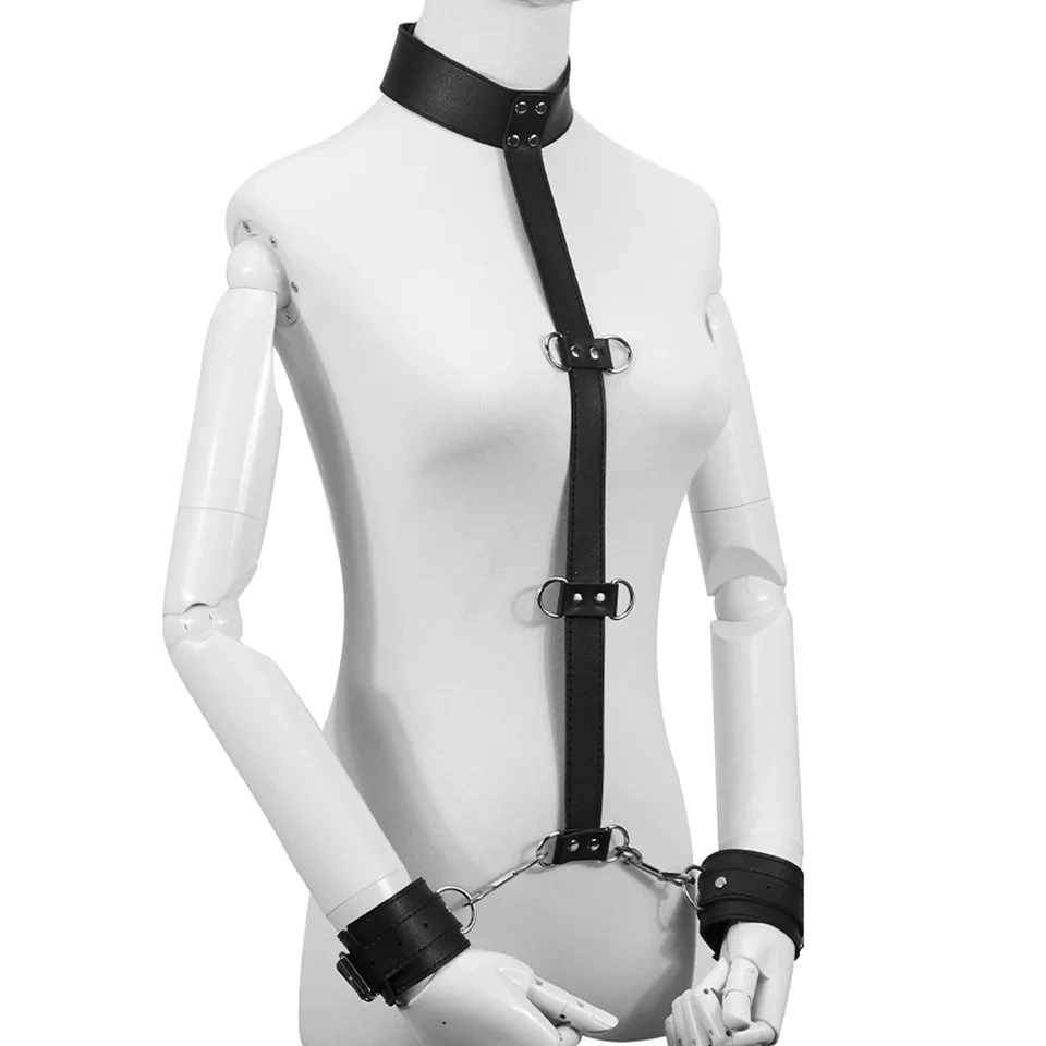 Bondage Gear Black Collar with Handcuffs PU Leather BDSM Harness and Sex Toy for Men for SM Activities