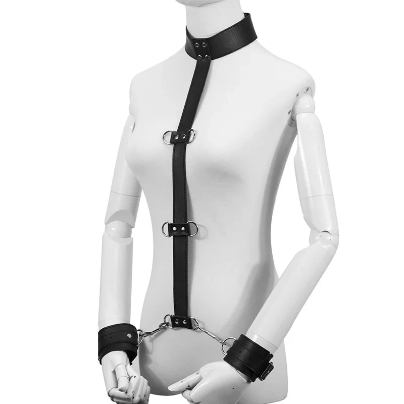 Bondage Gear Black Collar with Handcuffs PU Leather BDSM Harness and Sex Toy for Men for SM Activities