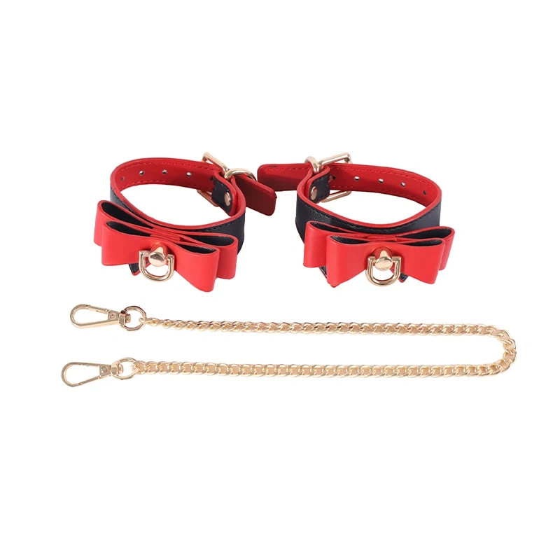 Double Color Bowknot PU Leather 5pcs Bondage Gear Kits Sex Toys for Women Includes Nipple Clamps and Handcuffs