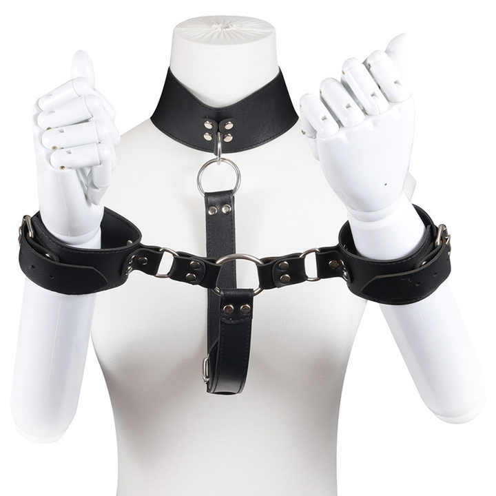Bondage Gear Black Collar with Handcuffs PU Leather Sex Harness and Toys for Couples for Women and Men