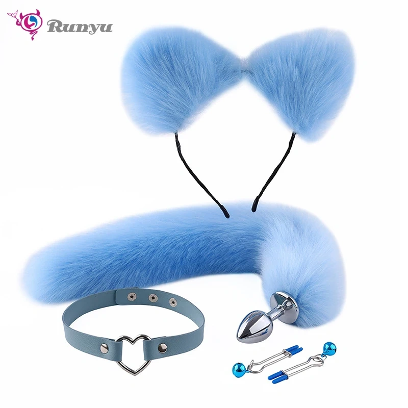 Cosplay Anal Sex Toys Set for Women Cat Ear Fox Tail Anal Plug Collar Nipple Clamps Butt Plug Erotic Juguetes Sexuales