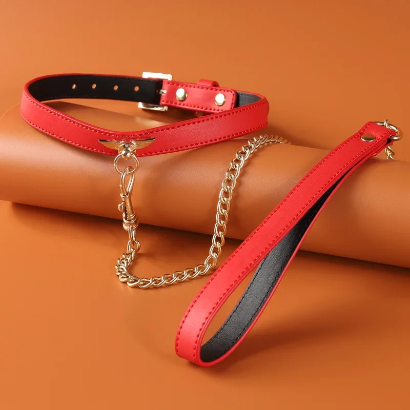 PU Leather Bondage Gear Kits Metal Wing Collar Harness BDSM SM Sex Toys for Adult Women Black Red Pink Colors