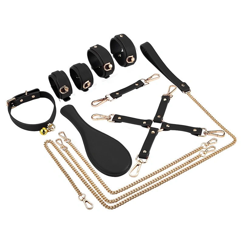 Set of 6 Pcs Black PU Leather Bondage Gear Red BDSM Bed Restraints Adult SM Type Sex Toys