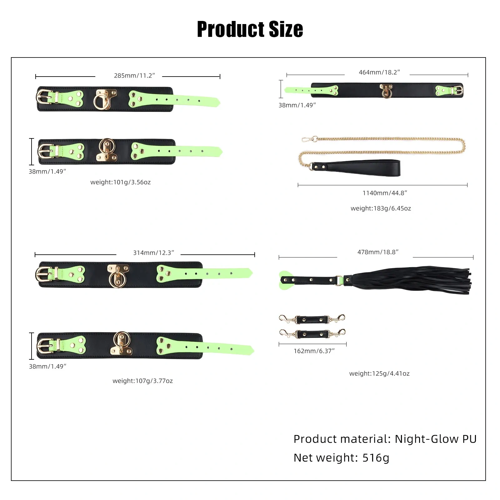Night-Glow Bondage Gear BDSM Set 5PCS Paddle Bondage Kit with Glowing Collar & Handcuff Sex Toys for Women Made From Leather