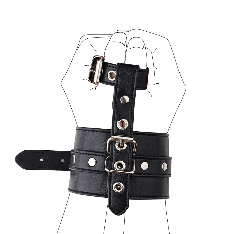 Bondage Gear Black PU Leather Handcuff with Thumb Restraint BDSM Sex Toy Kit for Adults Juguetes Sexuales
