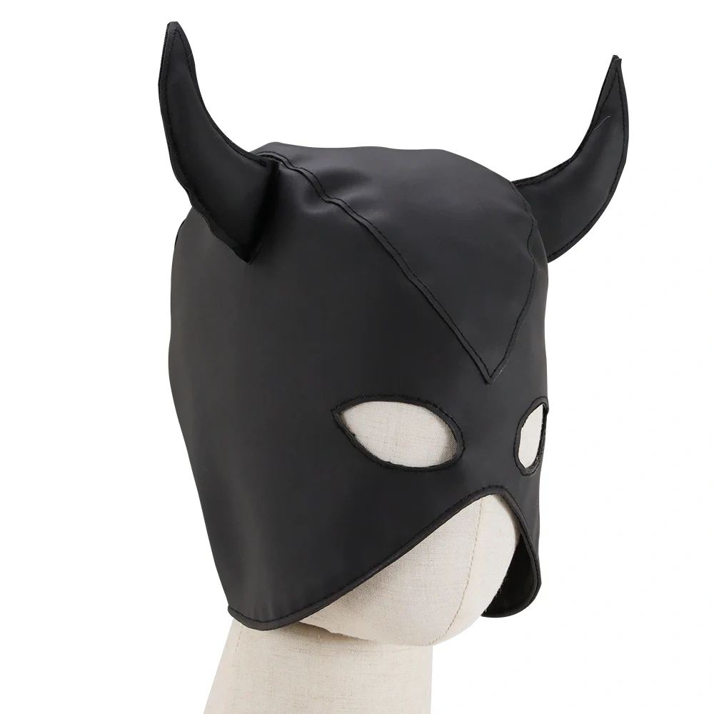 Black Devil Hood Bondage Gear Kit Leather Face Cover for Daredevil Cosplay Sex Toys for Adults BDSM
