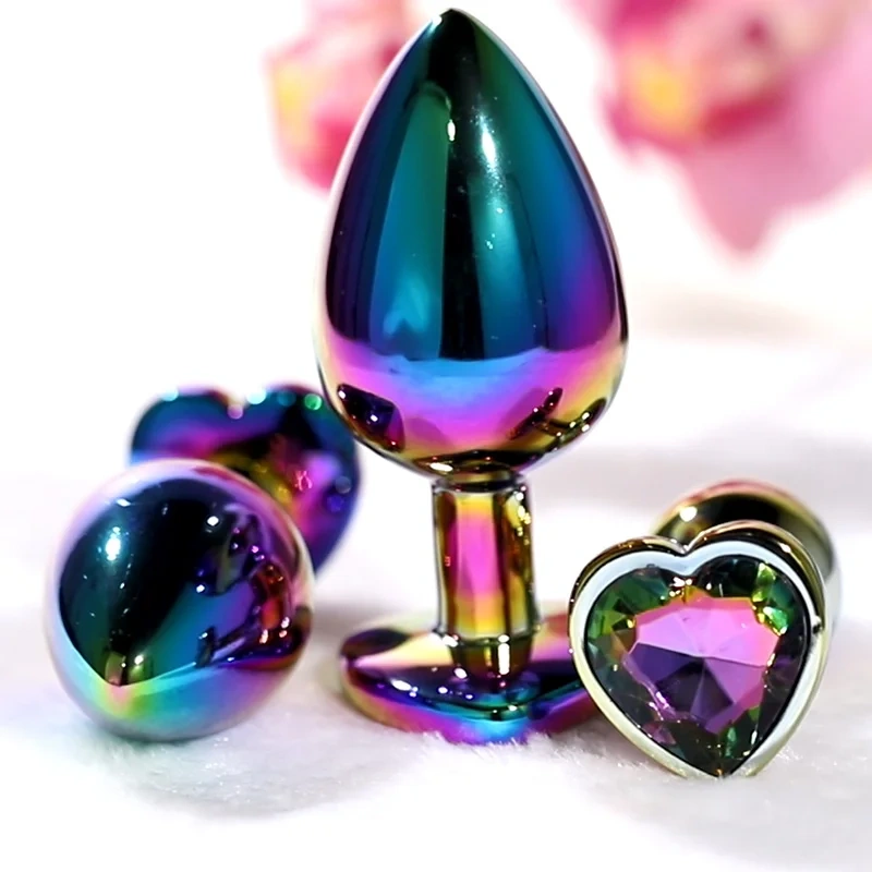 Rainbow Metal Anal Plug with Heart Crystal Base Colorful Anal Toys for Women Sex Juguetes Sexuales