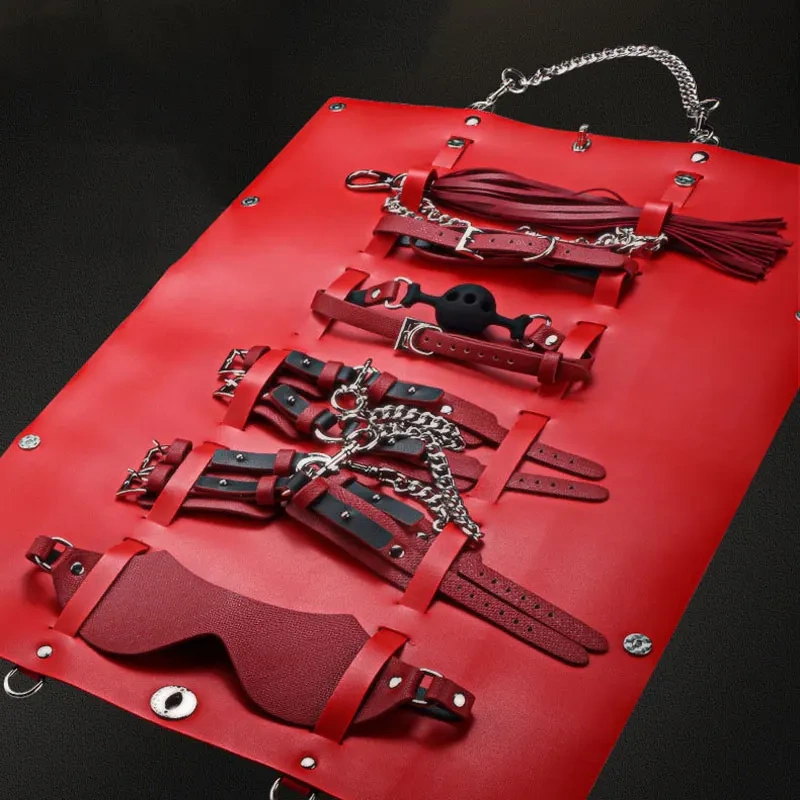 Black & Red Pu Leather Bondage Gear 8pcs Bed Restraints for Women BDSM Sex Toys with Bag Juguetes Sexuales