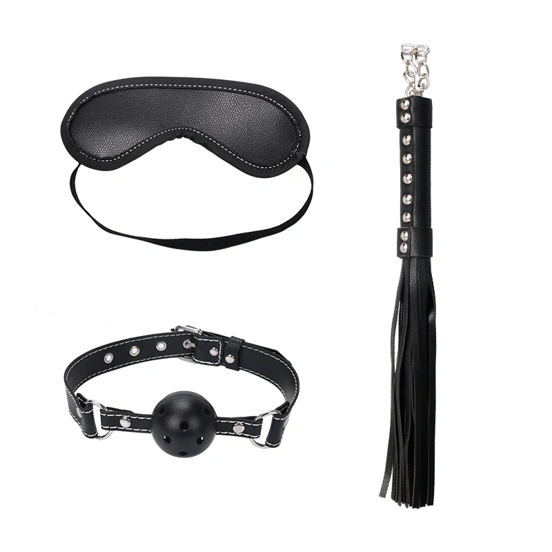 Bondage Gear Black Artificial Leather Fluff 8-Piece Strapon BDSM Bondage Kit Adult Sex Toys Juguetes Sexuales