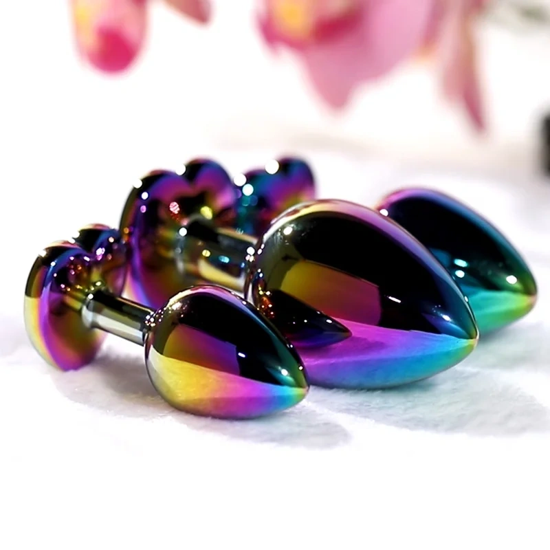 Rainbow Metal Anal Plug with Heart Crystal Base Colorful Anal Toys for Women Sex Juguetes Sexuales