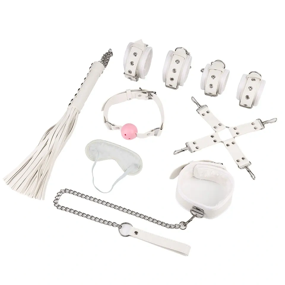 Bondage Gear Adult Sex Toys Kit 8 Pcs Bdsm Bondage Kits with White Rivets and Artificial Leather Fluff SM Properties