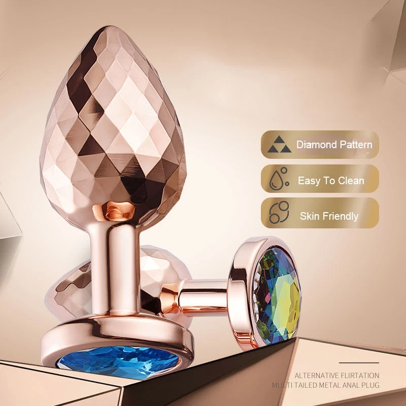Rose Gold Color Diamond Facets Stainless Steel Sex Toy Anal Plug Set with Vibrator and Lubricant for Women Men Couples