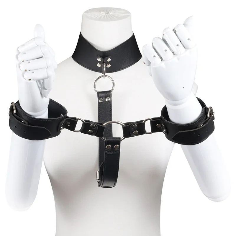 Bondage Gear Black Collar with Handcuffs PU Leather Sex Harness and Toys for Couples for Women and Men
