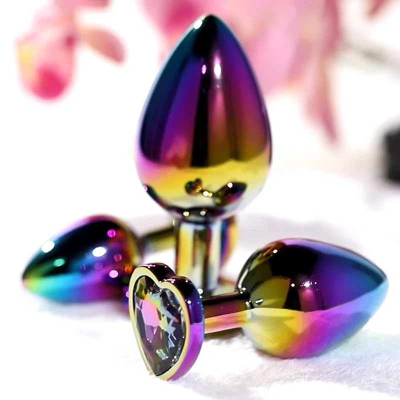 Colorful Rainbow Metal Anal Plug with Heart Crystal Base Adult Butt Plug Sex Toys