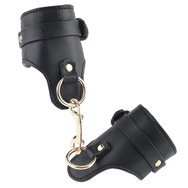 Black Bondage Kit Sex Toys for Women Real Leather Handcuffs and BDSM Suit Collar Included Juguetes Sexuales