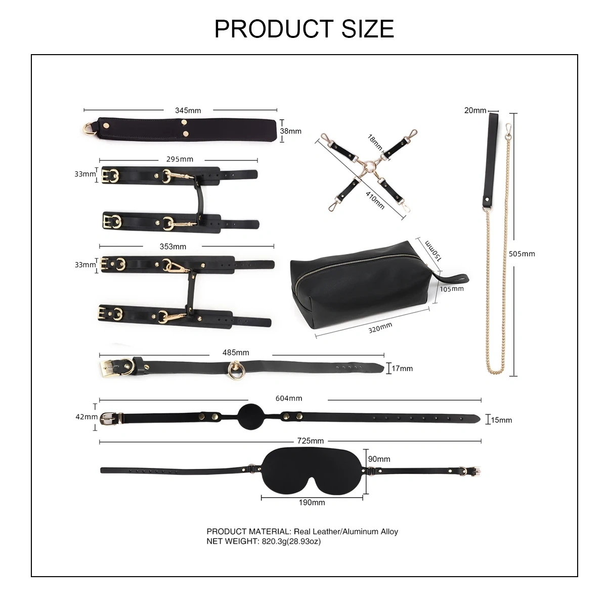 9pcs Real Leather Bondage Gear Set BDSM Harness and Bed Restraints Sex Toy for Men and Women with Carry Bag