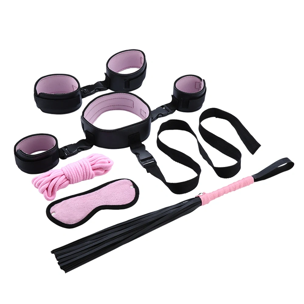 6-Piece Double Color Nylon Bondage Harness Set Wrist to Neck Gear with Leather Adult Sex Toys Kits