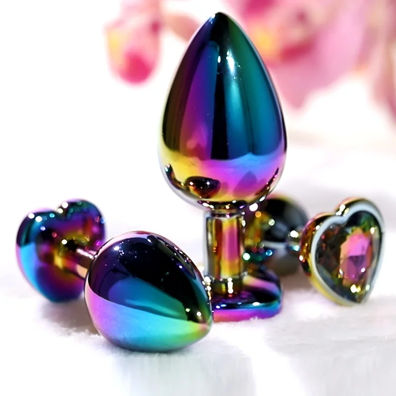Rainbow Metal Anal Plug with Heart Crystal Base Colorful Anal Toys for Women Sex Juguetes Sexuales