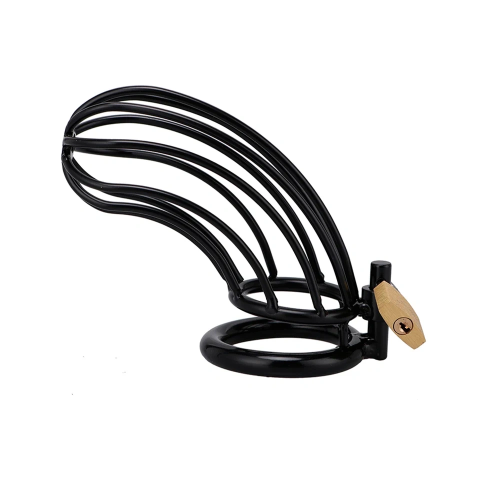 Men's Stainless Steel Sex Toys-Black Coated Male Chastity Cage Bondage Gear with Hollow Chastity Belt BDSM Gear
