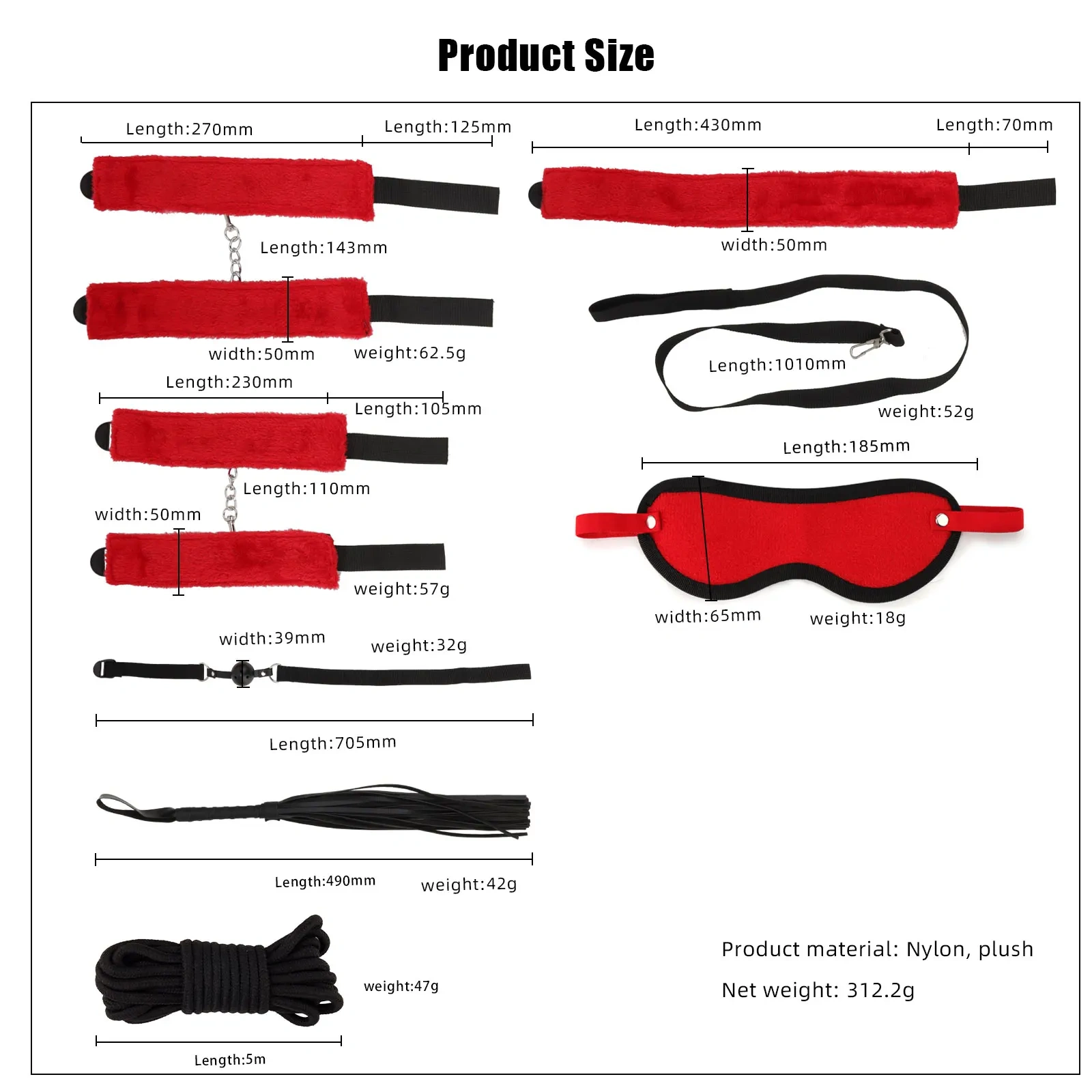 Double Color 7pcs Nylon BDSM Bondage Gear Set Women's Sex Toys Including Handcuffs and Kits Leather Properties