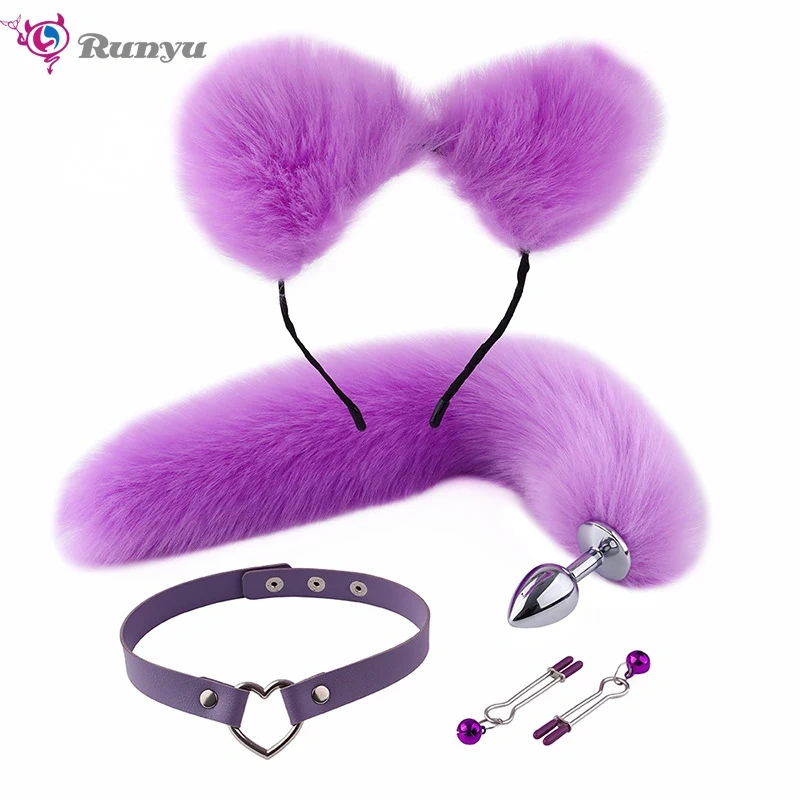 Cosplay Anal Sex Toys Set for Women Cat Ear Fox Tail Anal Plug Collar Nipple Clamps Butt Plug Erotic Juguetes Sexuales