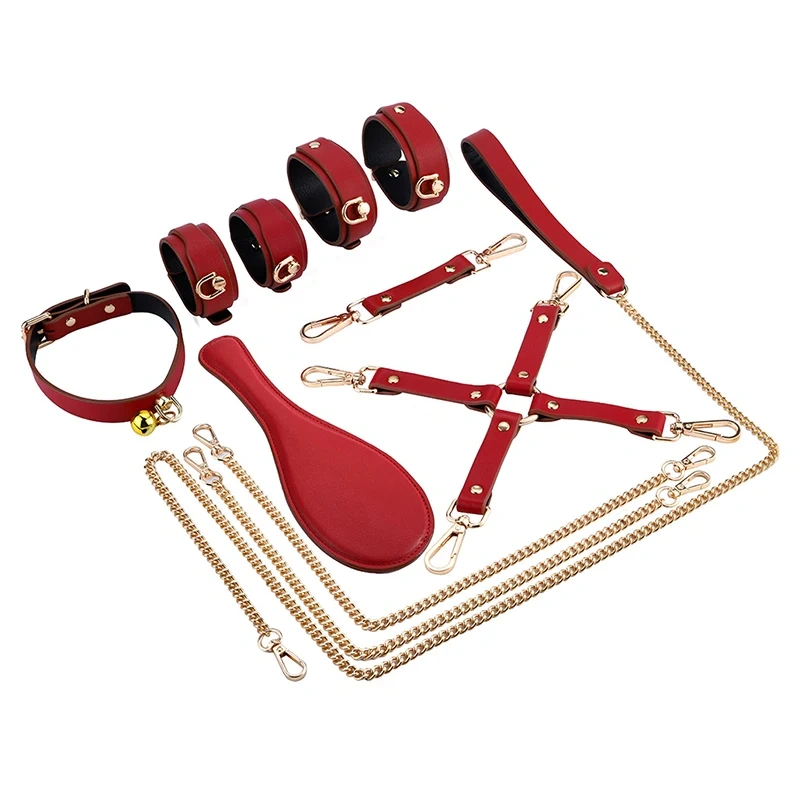 Set of 6 Pcs Black PU Leather Bondage Gear Red BDSM Bed Restraints Adult SM Type Sex Toys