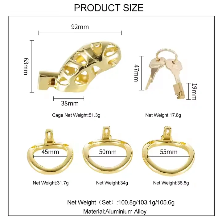Men's Golden Aluminium Alloy SM Type Chastity Cage Sex Toys Bondage Gear for Male Confinement