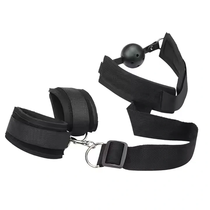 Black Ribbon Material Bondage Kit with Handcuffs and Mouth Ball Toys for Women BDSM Sex Toys