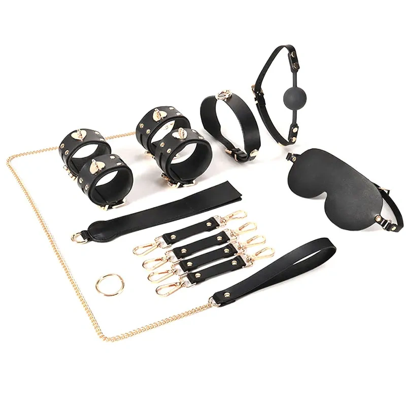 Black Leather Bondage Gear Set 8pcs with Bag BDSM Brown Bondage Kits Adult Sex Toys Juguetes Sexuales