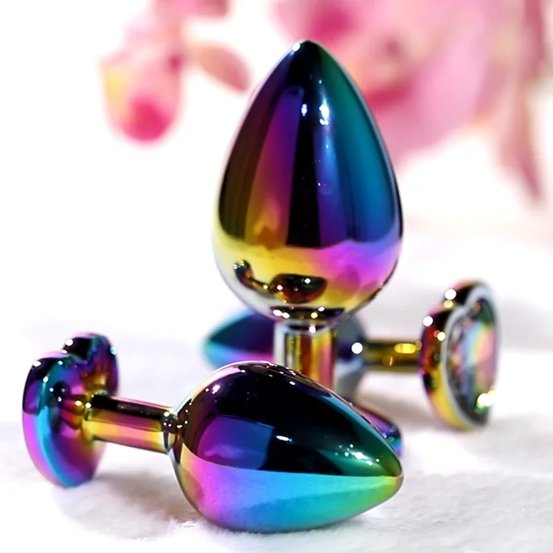 Colorful Rainbow Metal Anal Plug with Heart Crystal Base Adult Butt Plug Sex Toys
