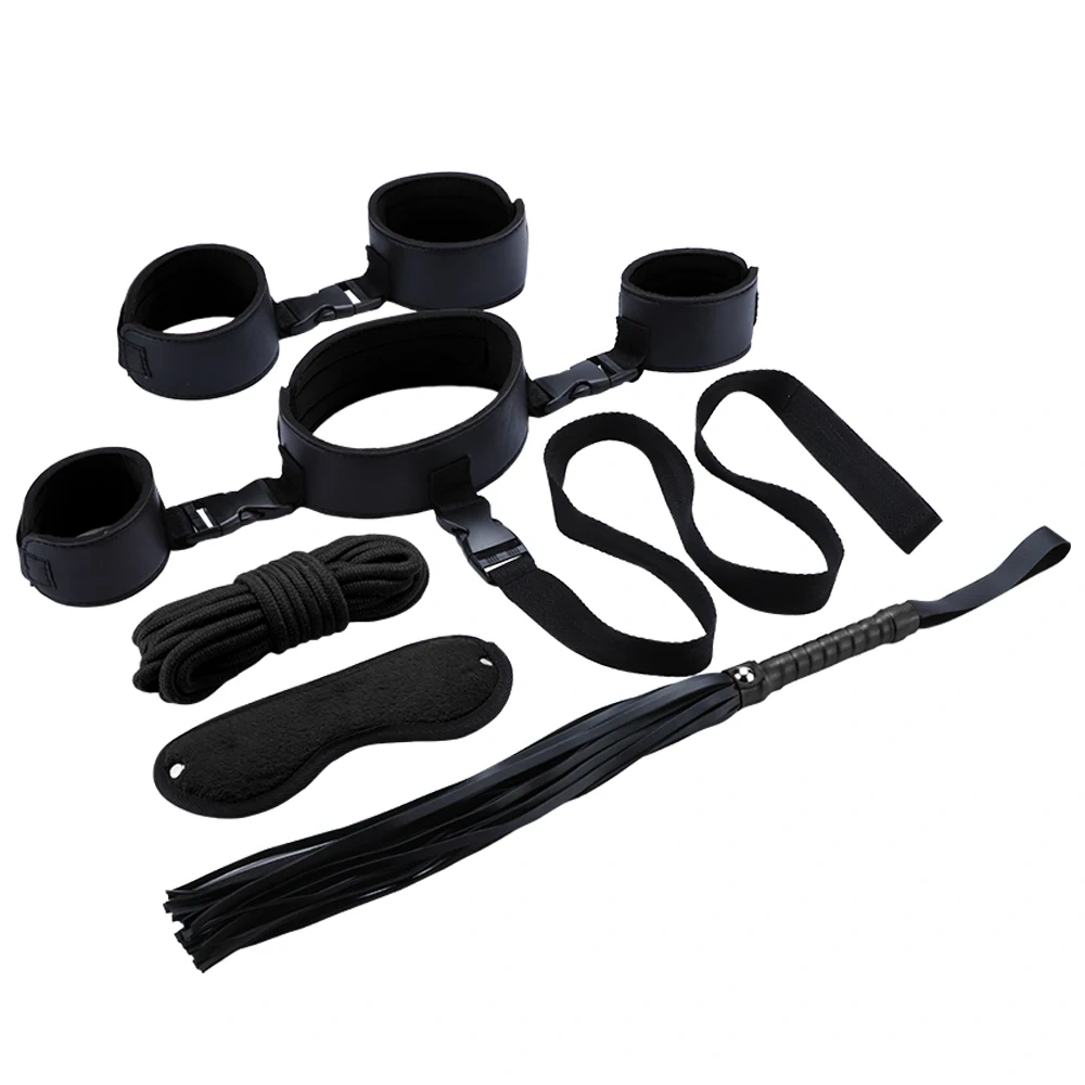 6-Piece Double Color Nylon Bondage Harness Set Wrist to Neck Gear with Leather Adult Sex Toys Kits