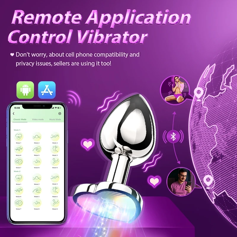 Wireless Remote Control Heart Base Butt Plug Vibrator Mobile App Sex Toys for Women & Men Metal Anal Plug Juguetes Sexuales