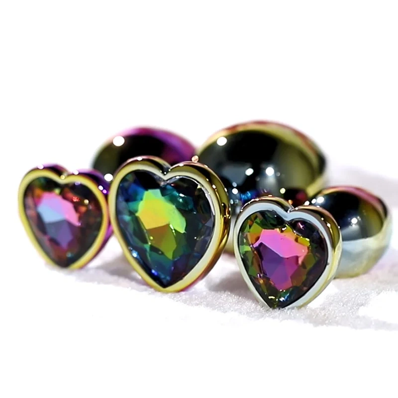 Colorful Rainbow Metal Anal Plug with Heart Crystal Base Adult Butt Plug Sex Toys