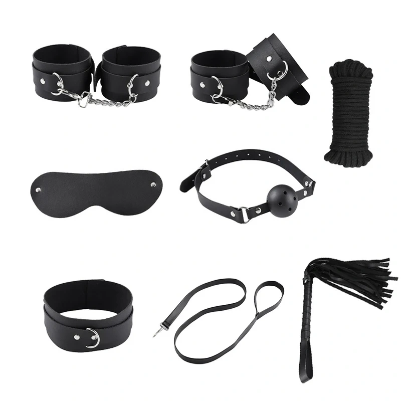 Black Pink Plain Pattern Leather Bondage Gear 8-Piece SM/BDSM/Bed Restraints Kit Sex Toys for Women