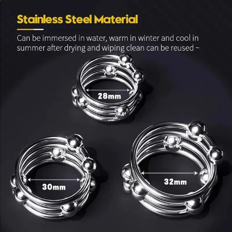 Men's Multi-Beaded Penis Toy Stainless Steel & Silicone Cock Ring Sex Toy Delay Ejaculation Function Available Different Sizes