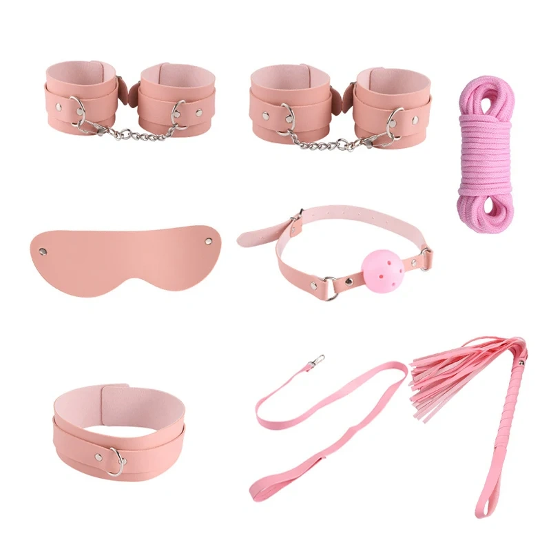 Black Pink Plain Pattern Leather Bondage Gear 8-Piece SM/BDSM/Bed Restraints Kit Sex Toys for Women