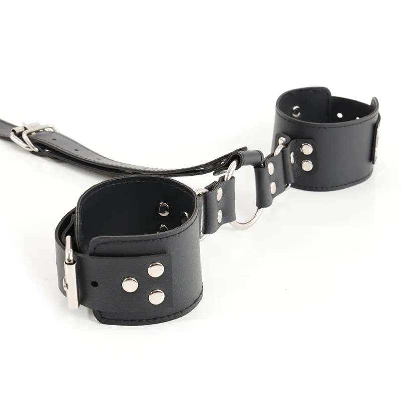 Bondage Gear Black Collar with Handcuffs PU Leather Sex Harness and Toys for Couples for Women and Men