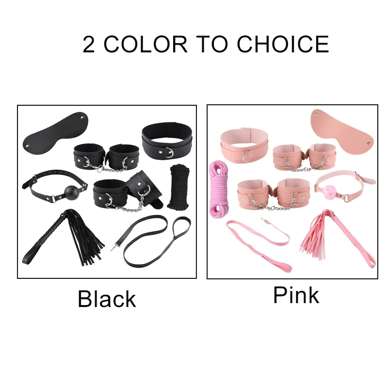 Black Pink Plain Pattern Leather Bondage Gear 8-Piece SM/BDSM/Bed Restraints Kit Sex Toys for Women