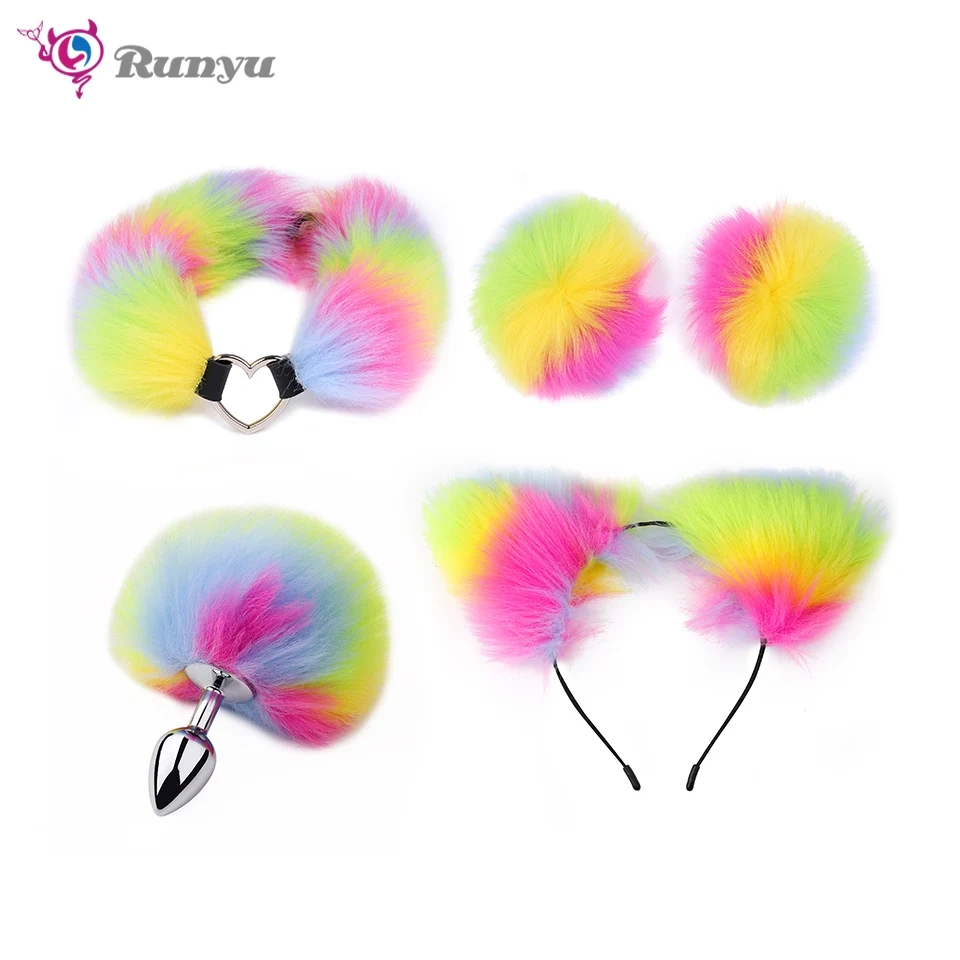 Mix-Color Anal Toys for Women Cat Ear Anal Plug Tail Collar Nipple Clamps Cosplay Sex Toys Buttplug Included Juguetes Sexuales