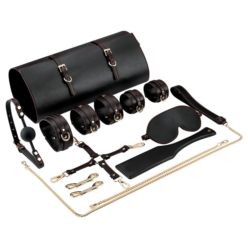 9pcs Black Bondage BDSM Gear PU Leather Set with Bag Red Bondage Kits Sex Toys for Adult Women SM Type Juguetes Sexuales