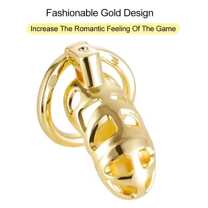 Men's Golden Aluminium Alloy SM Type Chastity Cage Sex Toys Bondage Gear for Male Confinement