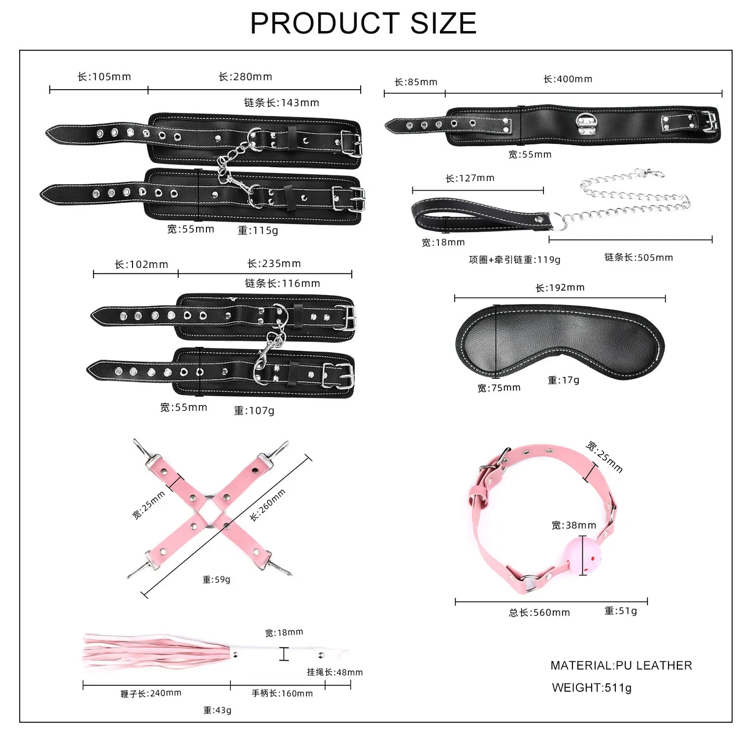 Black Bondage Gear PU Leather Set with Fluff 8pcs Pink Bed Restraints Sex Toys for Women BDSM Products Juguetes Sexuales